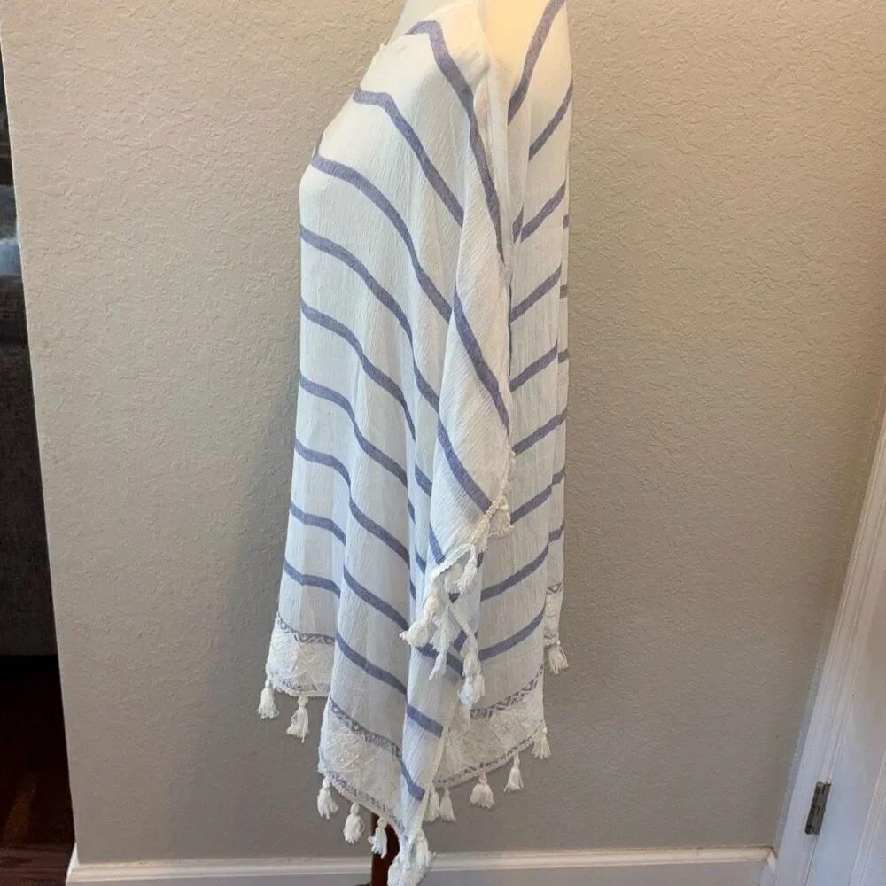 Chicos striped blue/white tassel trim poncho/kimono shirt/top cover up L/XL